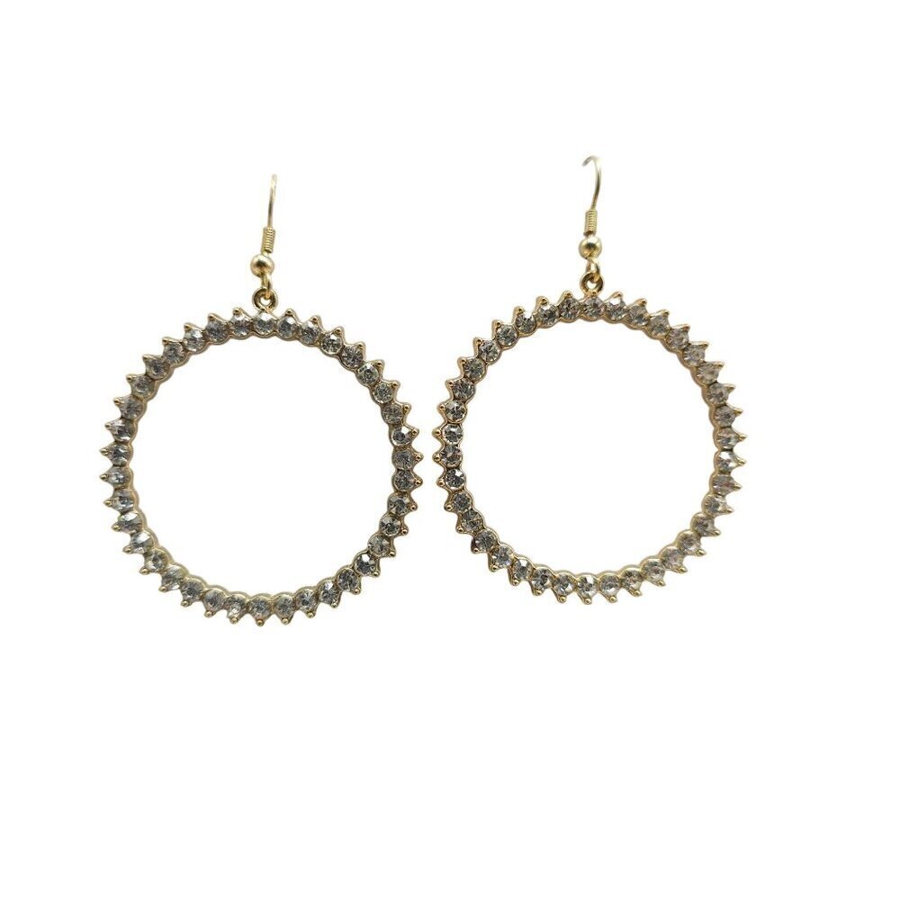 1980s Vintage Gold Tone Hoop Earrings With Clear Crystal Accents